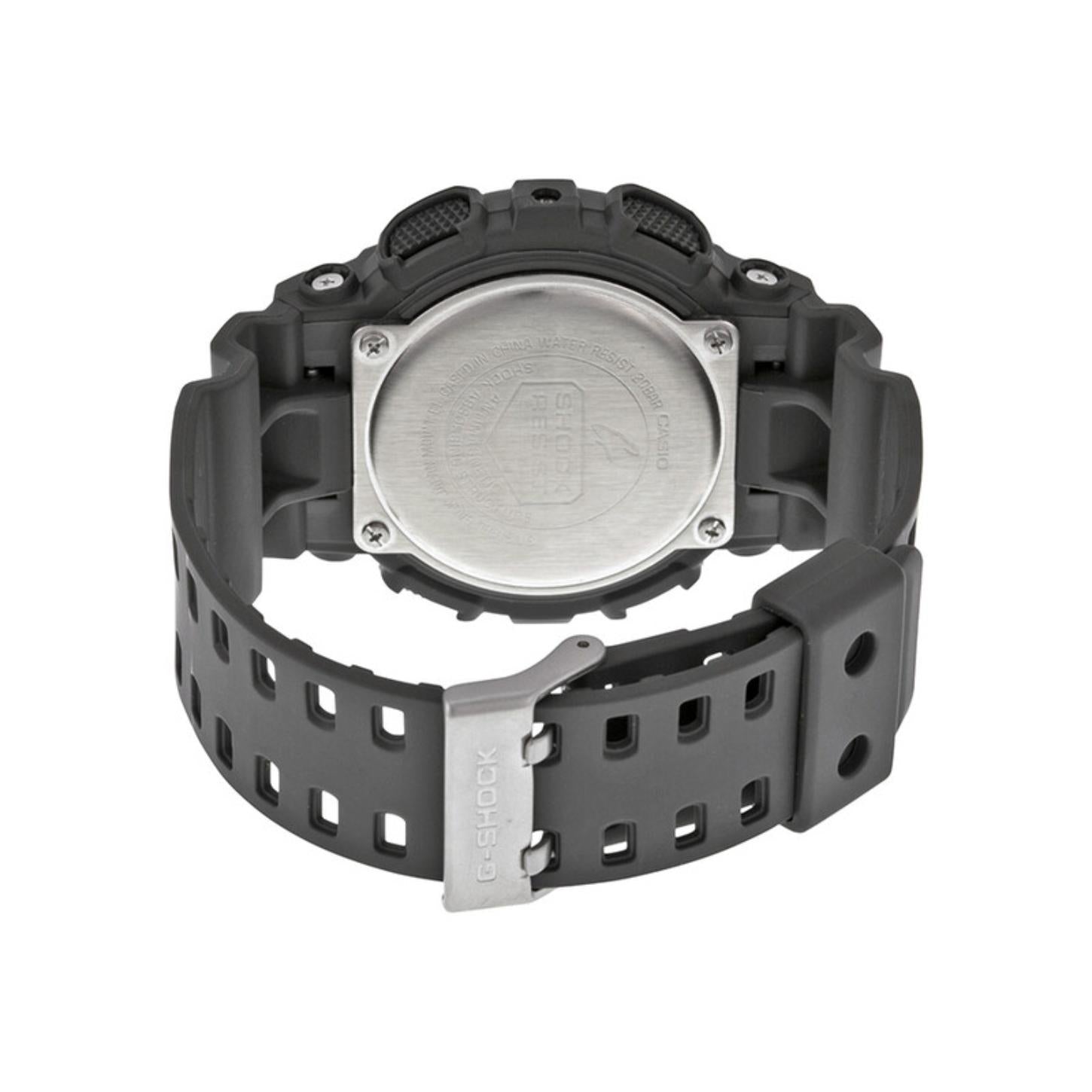 Rear view of the Casio G-Shock GA-100C-8A showing the metal caseback, gray shock-resistant resin case and strap, and G-Shock buckle.