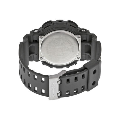 Rear view of the Casio G-Shock GA-100C-8A showing the metal caseback, gray shock-resistant resin case and strap, and G-Shock buckle.