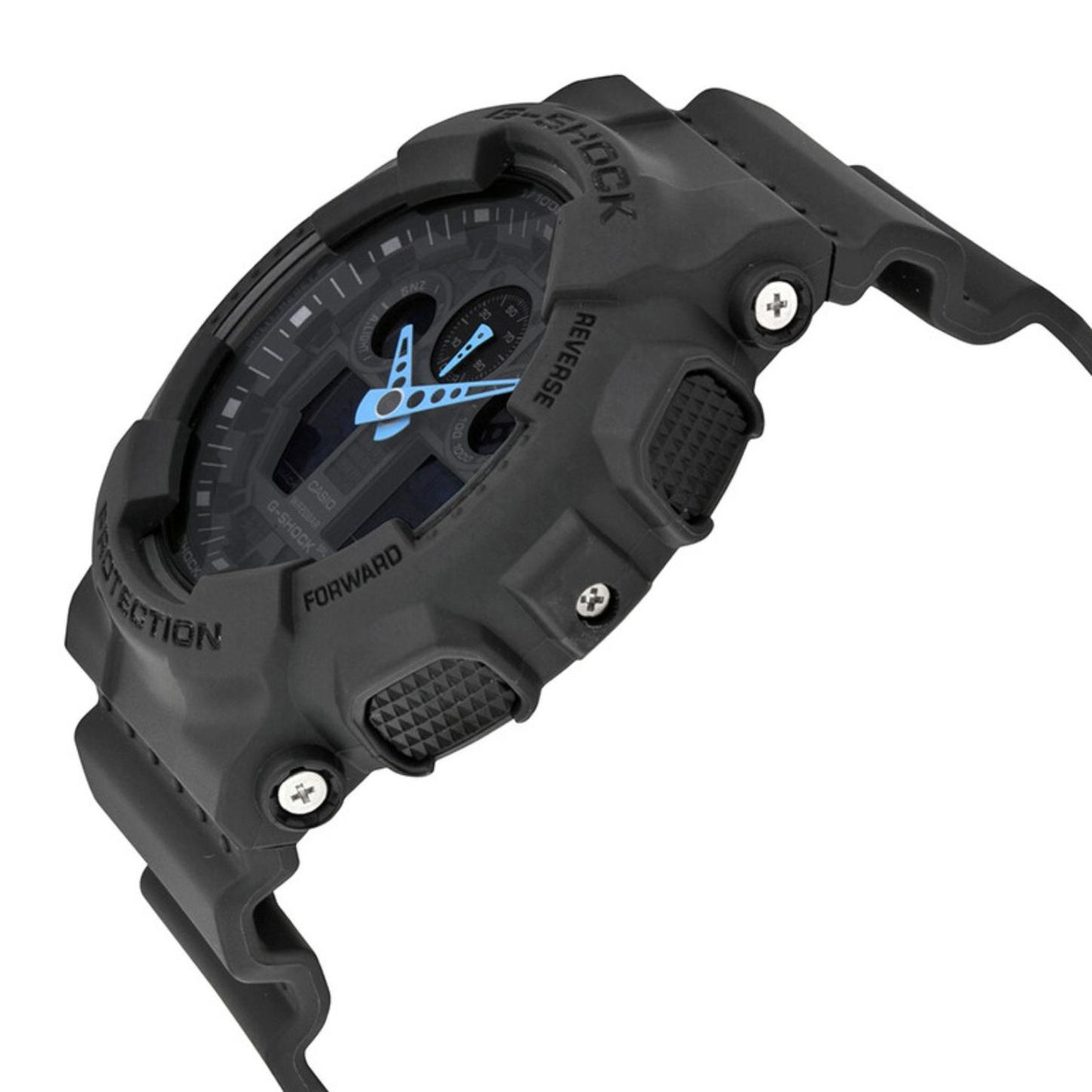 Side profile of the Casio G-Shock GA-100C-8A showing the gray shock-resistant resin case, blue hands, textured control buttons, protective bezel, and resin strap.