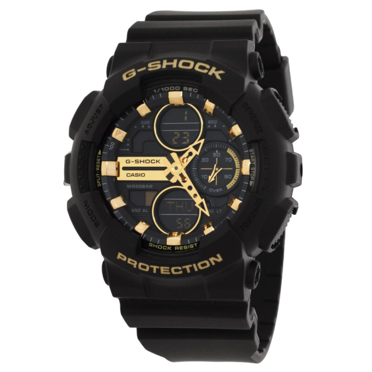Casio G-Shock GA-100GB-1A watch with a black analog-digital dial, gold-tone hands and hour markers, black protective case, and matching black resin strap.