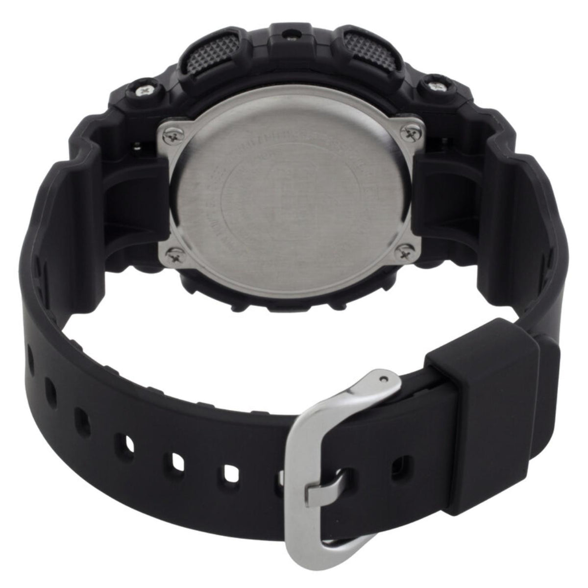 Casio G-Shock GA-100GB-1A from the rear with a metal caseback, black resin strap, adjustment holes, and silver-tone buckle.