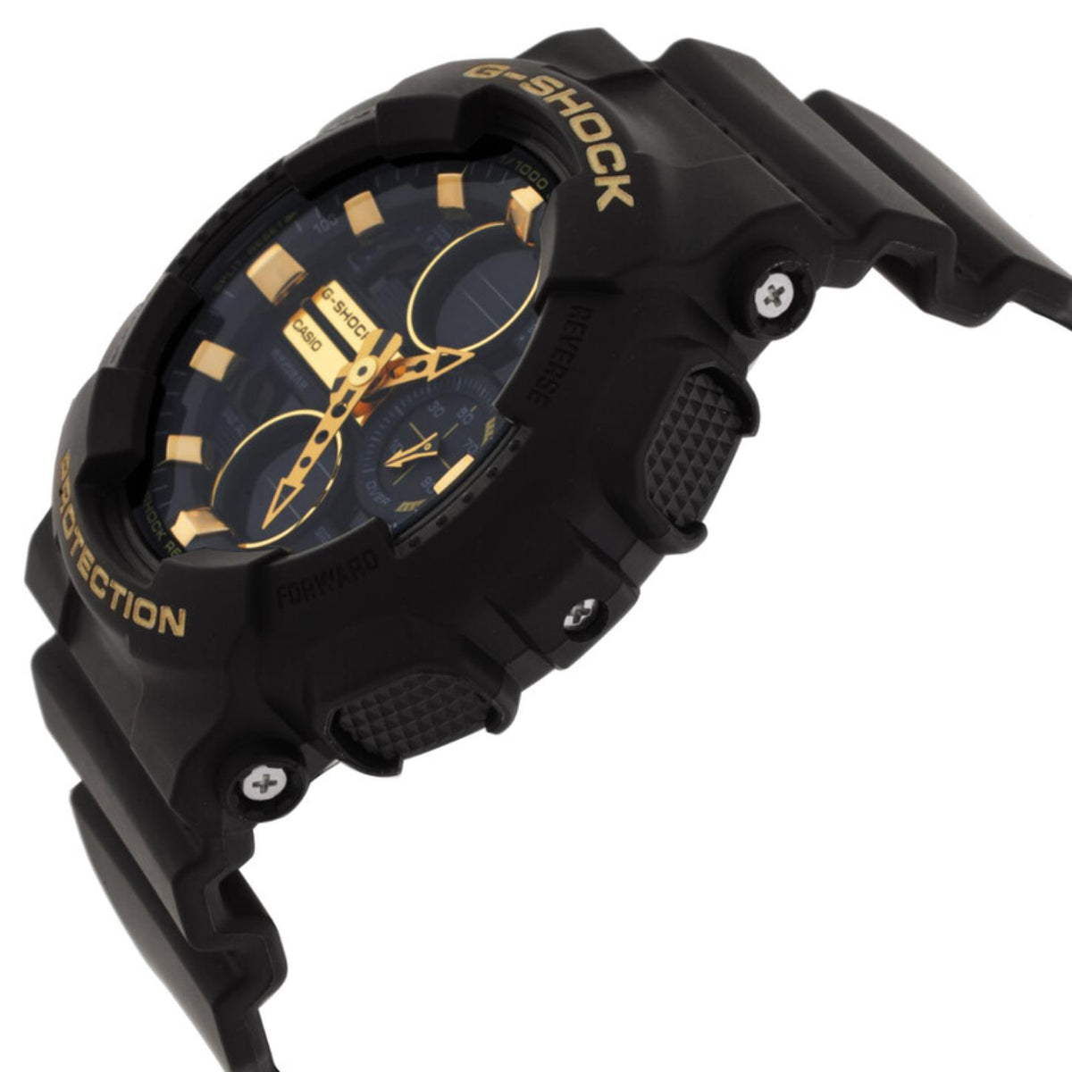 Casio G-Shock GA-100GB-1A watch in side profile with a black protective case, gold-tone dial accents, textured side buttons, and matching black resin strap.
