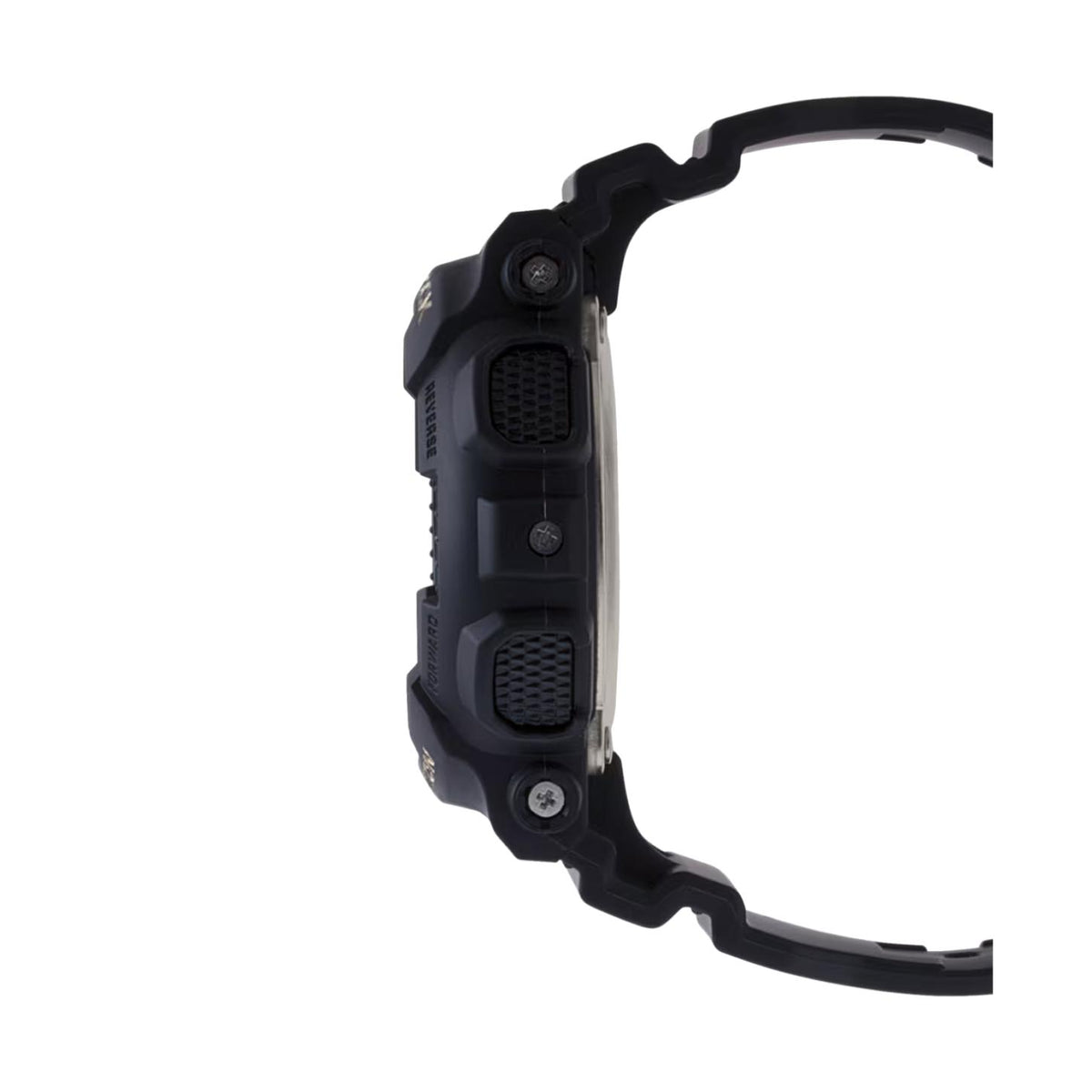 Casio G-Shock GA-100GB-1A watch in side profile with a black protective case, textured side buttons, exposed screws, and matching black resin strap.
