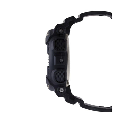 Casio G-Shock GA-100GB-1A watch in side profile with a black protective case, textured side buttons, exposed screws, and matching black resin strap.