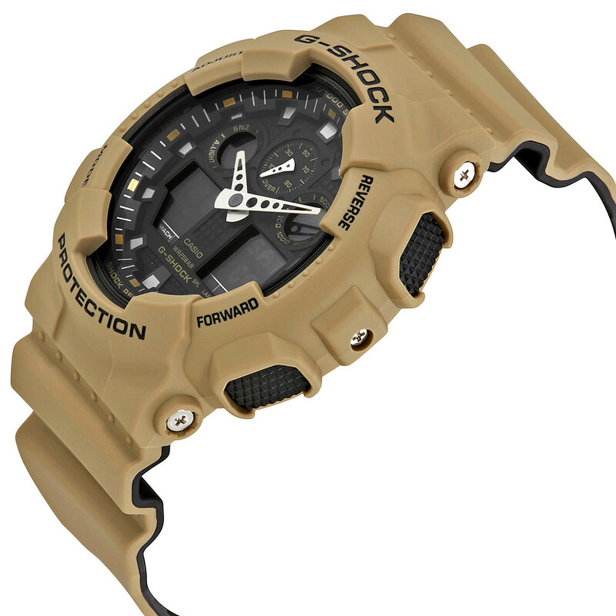 Casio G-Shock GA-100L-8A men's analog-digital watch angled to display the tan bezel, black dial, and textured pushers.