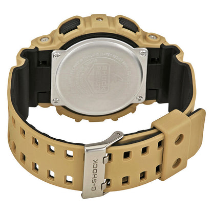 Casio G-Shock GA-100L-8A sport watch showcasing the stainless steel case back, tan resin strap, and buckle clasp.