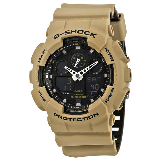 Casio G-Shock GA-100L-8A tactical-style watch featuring a black dial, digital displays, and durable tan resin case.
