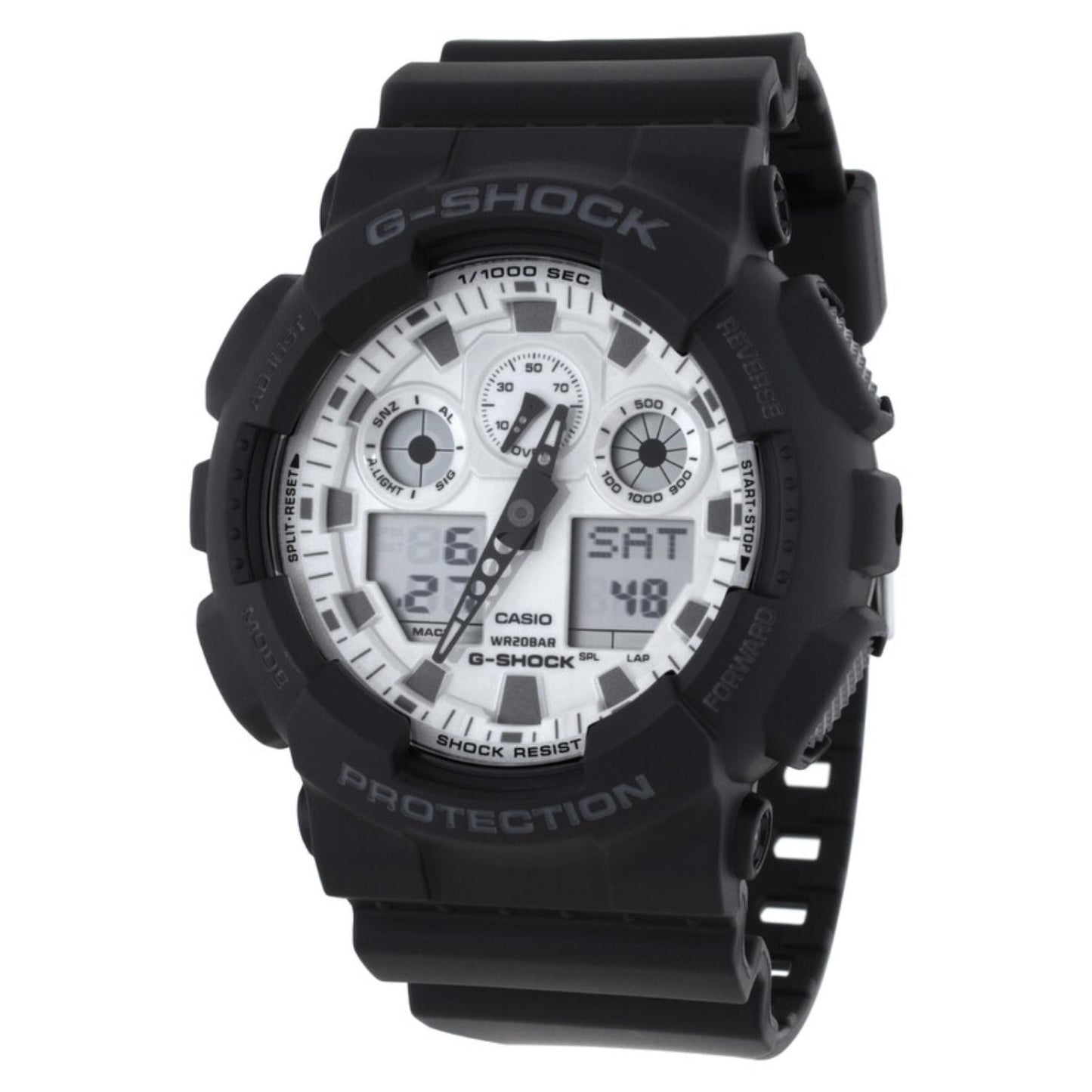 Casio G-Shock GA-100WD-1A with a white analog-digital dial, black shock-resistant case, and matching black resin band.