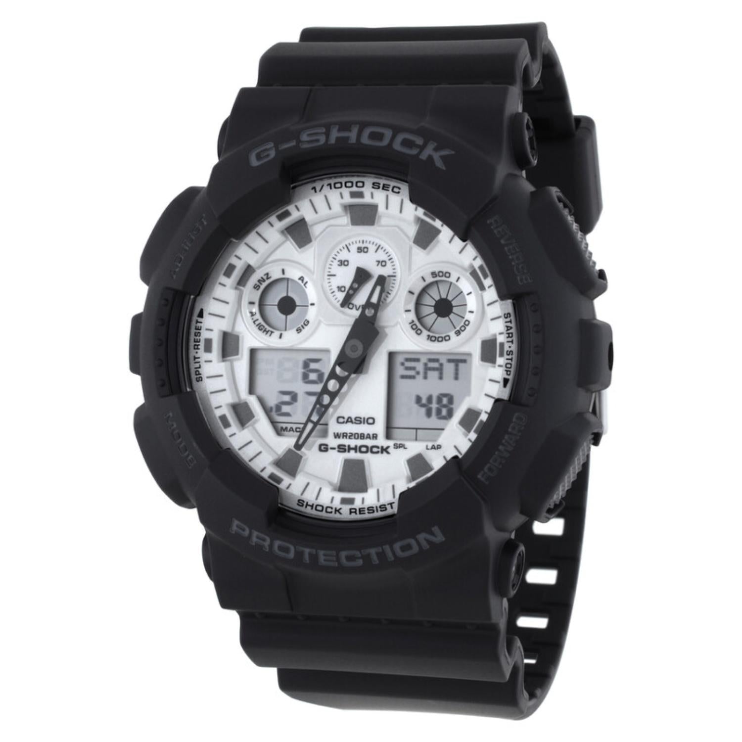 Casio G-Shock GA-100WD-1A with a white analog-digital dial, black shock-resistant case, and matching black resin band.