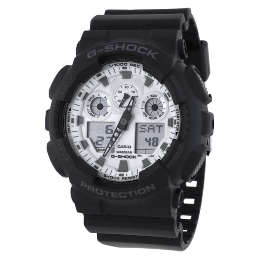 Casio G-Shock GA-100WD-1A with a white analog-digital dial, black shock-resistant case, and matching black resin band.