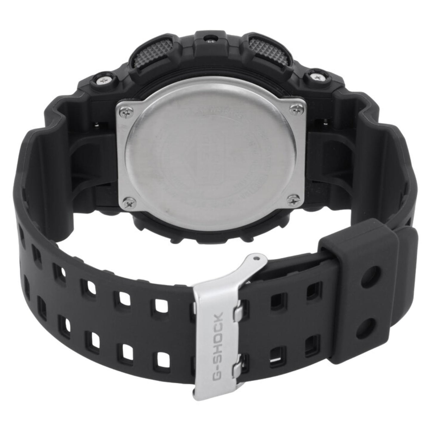 Casio G-Shock GA-100WD-1A from the back with a stainless steel caseback, black resin band, and silver-tone buckle engraved with the G-Shock logo.