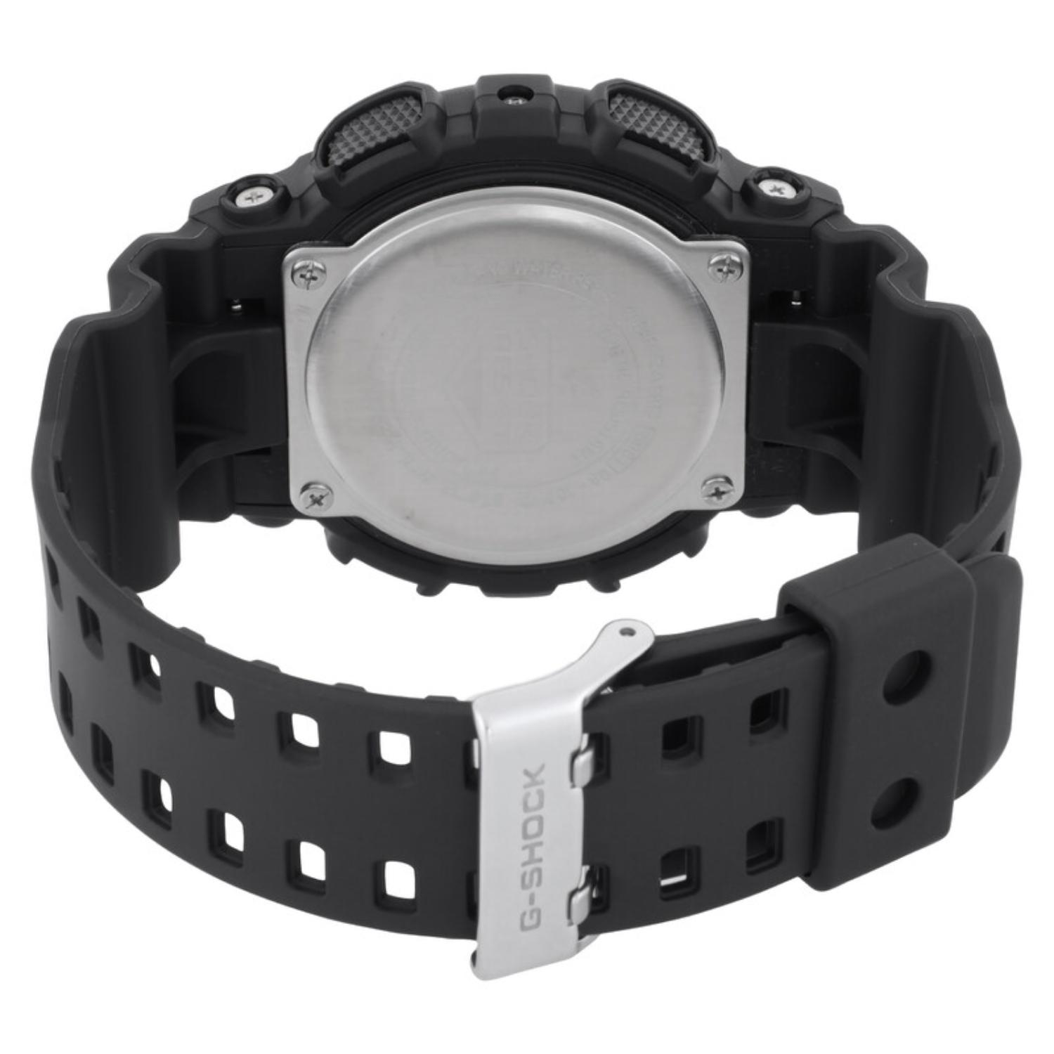 Casio G-Shock GA-100WD-1A from the back with a stainless steel caseback, black resin band, and silver-tone buckle engraved with the G-Shock logo.
