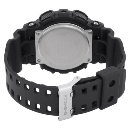 Casio G-Shock GA-100WD-1A from the back with a stainless steel caseback, black resin band, and silver-tone buckle engraved with the G-Shock logo.