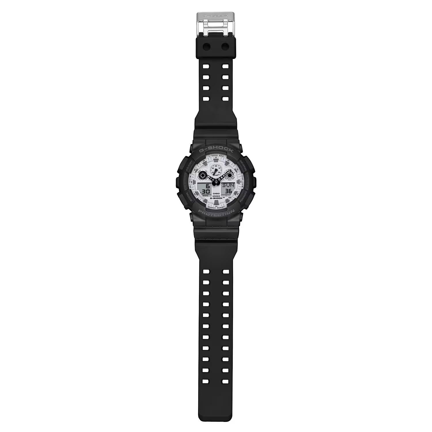 Casio G-Shock GA-100WD-1A full front with a white analog-digital dial, rugged black resin case, and matching black resin band with silver-tone buckle.