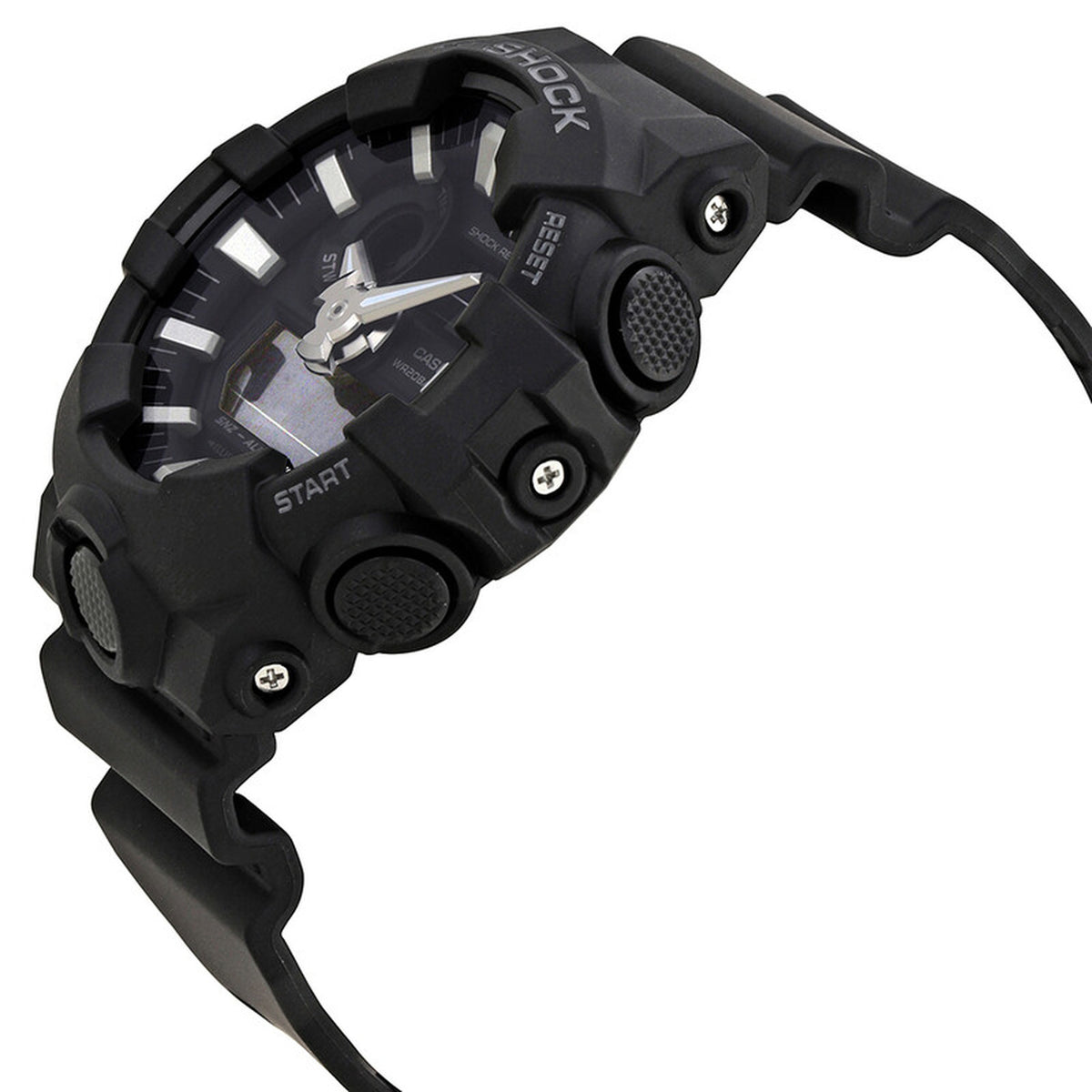 Casio G-Shock GA-700-1BCR men's ana-digi sport watch angled profile displaying textured pushers and black bezel