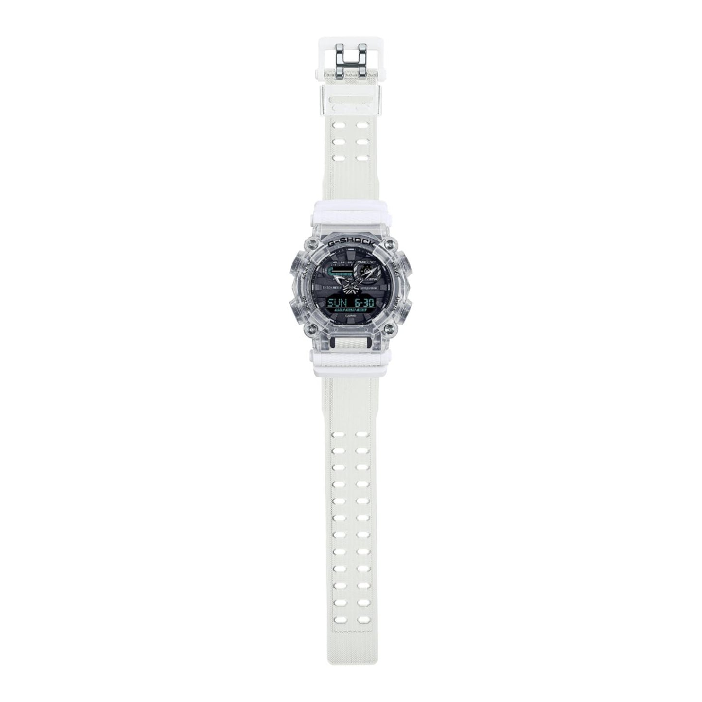 Full-length view of the Casio G-Shock GA-900SKL-7ADR showing the transparent resin case, black analog-digital dial, transparent resin strap, and buckle.