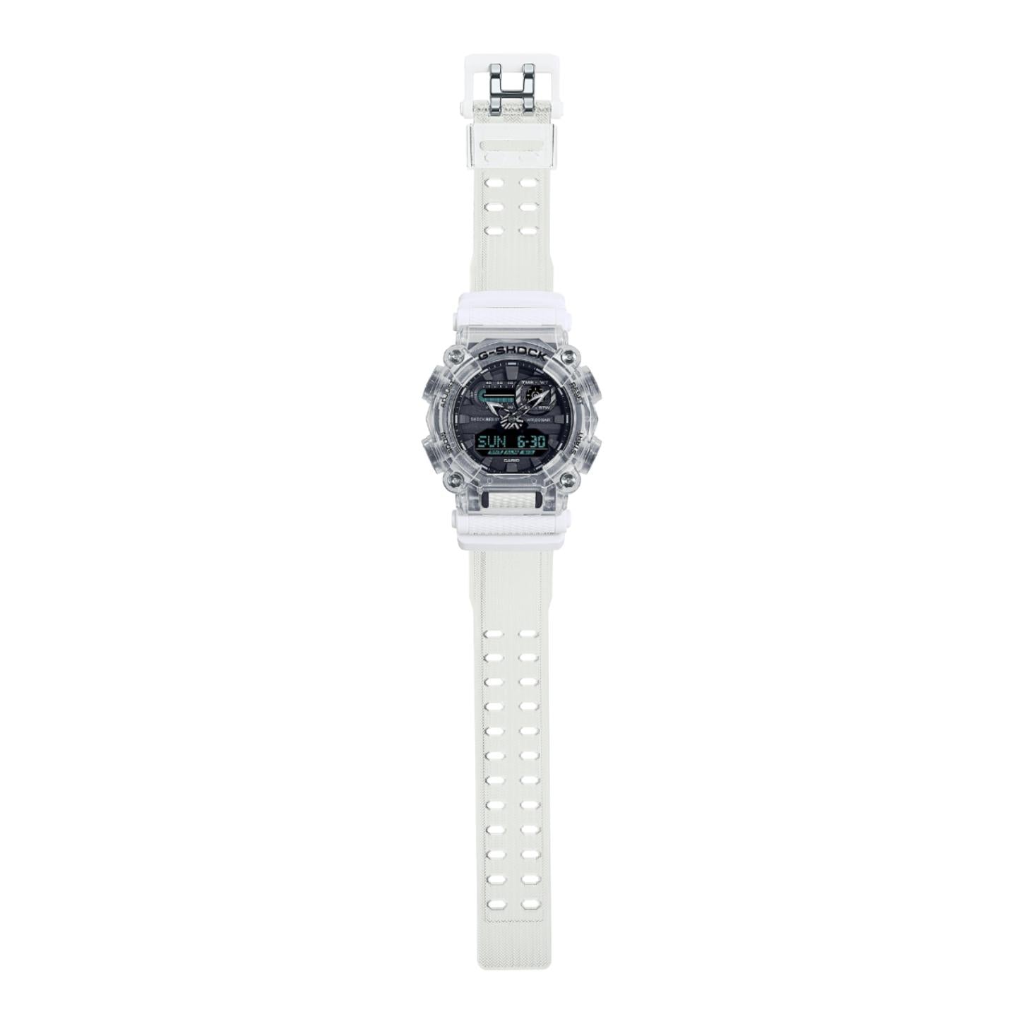 Full-length view of the Casio G-Shock GA-900SKL-7ADR showing the transparent resin case, black analog-digital dial, transparent resin strap, and buckle.