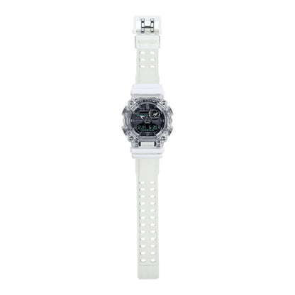 Full-length view of the Casio G-Shock GA-900SKL-7ADR showing the transparent resin case, black analog-digital dial, transparent resin strap, and buckle.