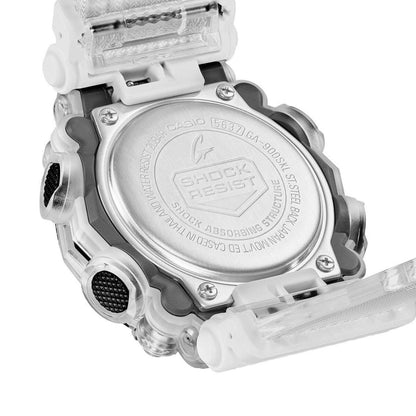 Close-up rear view of the Casio G-Shock GA-900SKL-7ADR showing the metal caseback, shock-resistant structure, textured buttons, and transparent resin components.