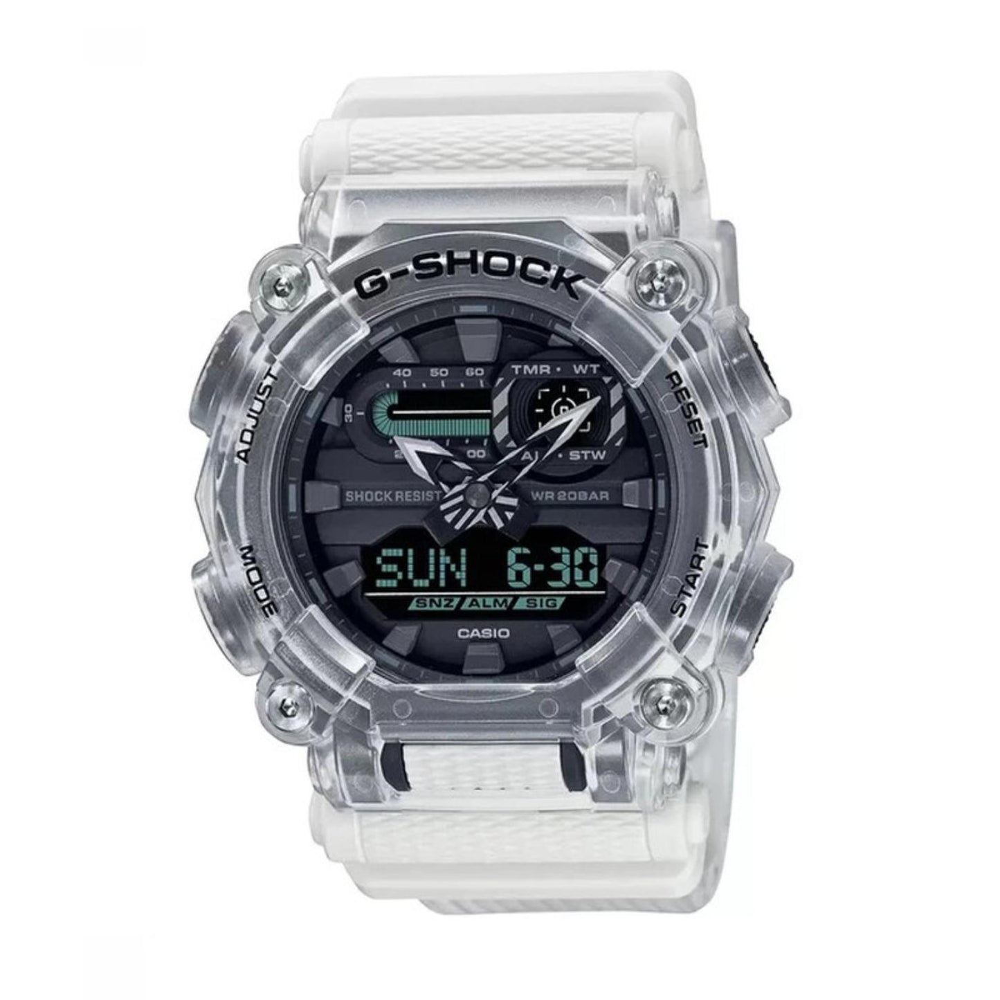Casio G-Shock GA-900SKL-7ADR analog-digital watch featuring a transparent resin case and strap, black dial, digital display, and rugged shock-resistant design.
