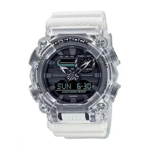 Casio G-Shock GA-900SKL-7ADR analog-digital watch featuring a transparent resin case and strap, black dial, digital display, and rugged shock-resistant design.