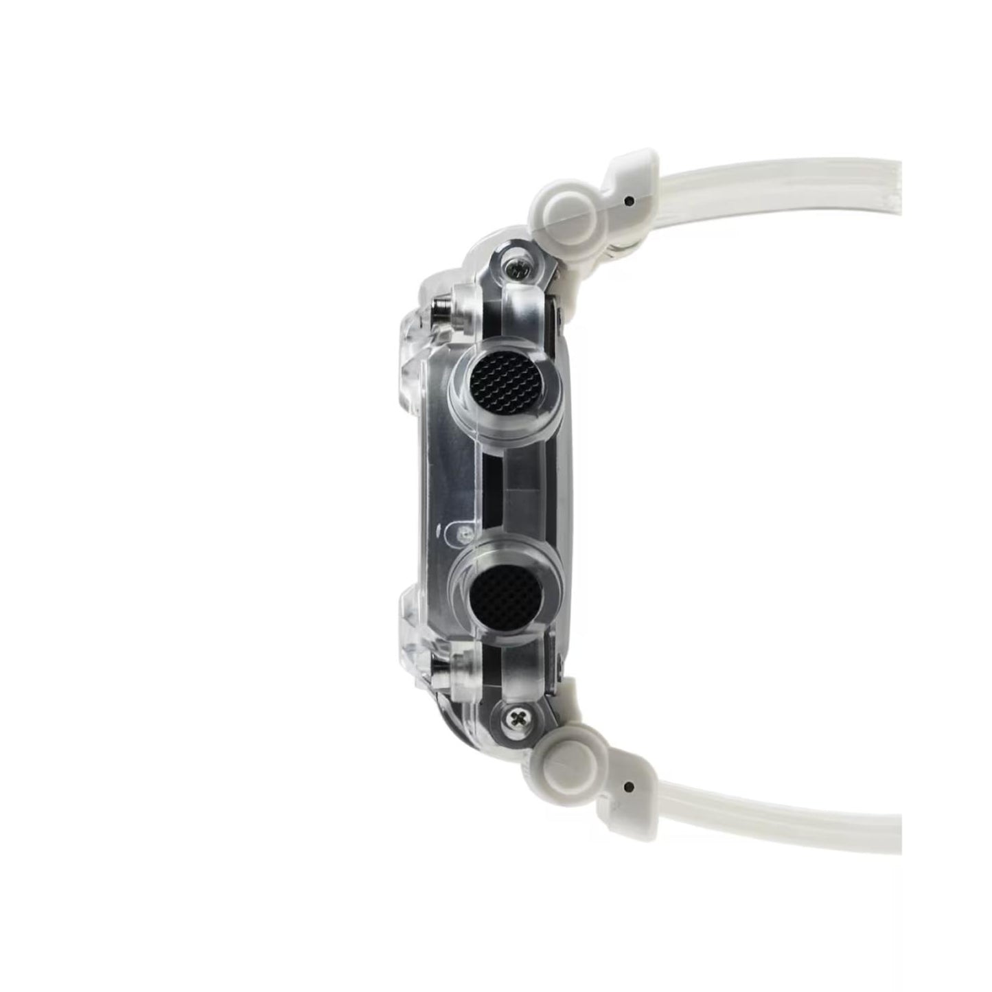 Side view of the Casio G-Shock GA-900SKL-7ADR showing the transparent resin case, textured control buttons, protective structure, and white resin strap.