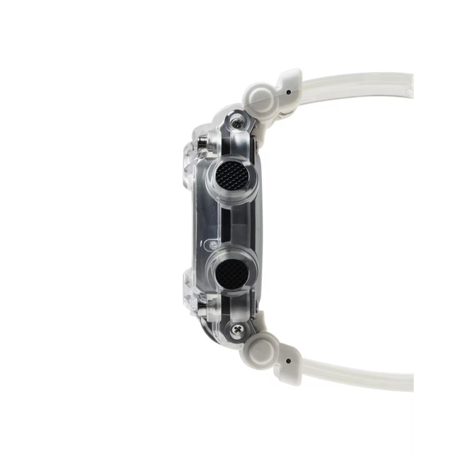 Side view of the Casio G-Shock GA-900SKL-7ADR showing the transparent resin case, textured control buttons, protective structure, and white resin strap.