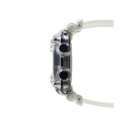 Side view of the Casio G-Shock GA-900SKL-7ADR showing the transparent resin case, textured control buttons, protective structure, and white resin strap.