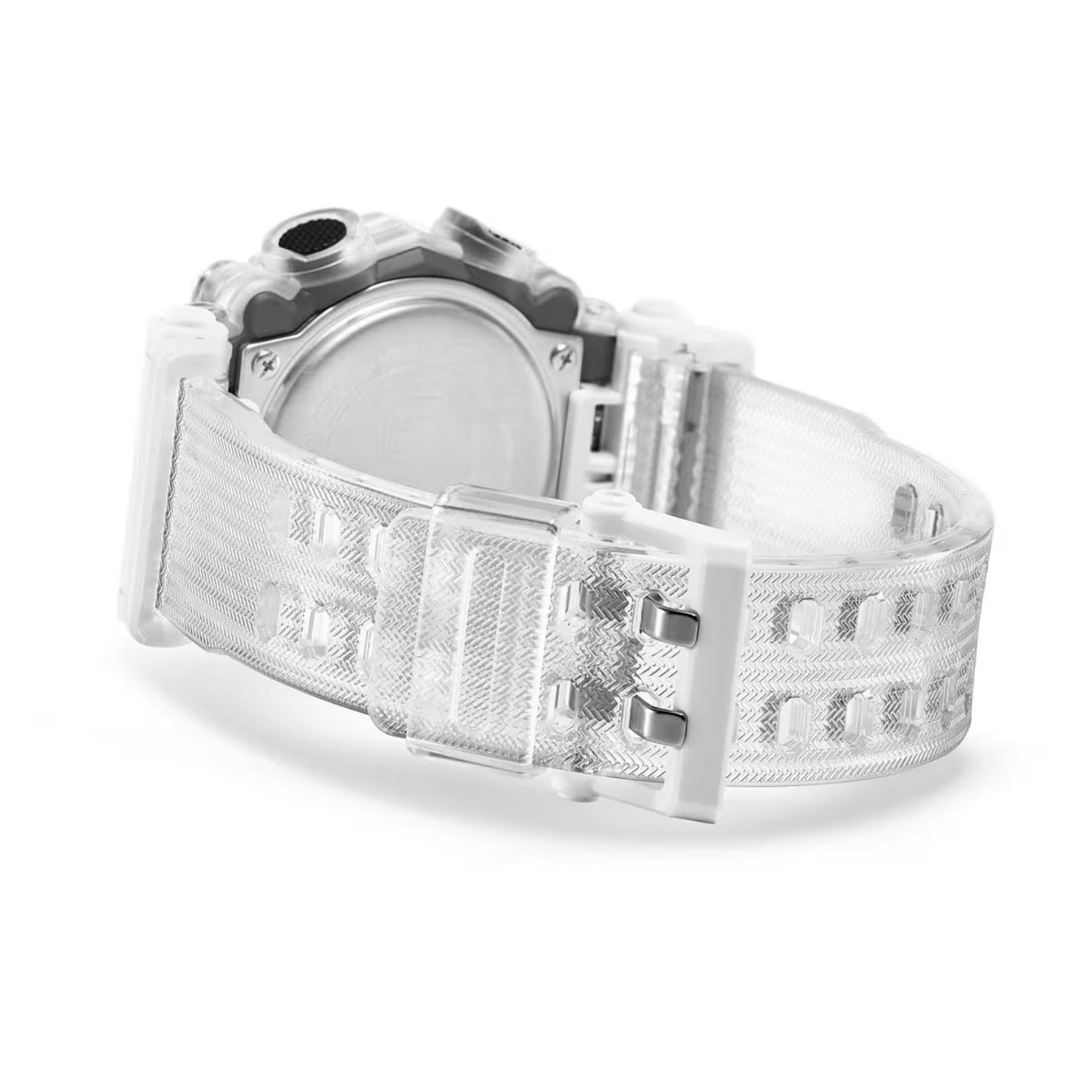 Rear view of the Casio G-Shock GA-900SKL-7ADR showing the transparent resin strap, metal caseback, buckle, and rugged shock-resistant construction.