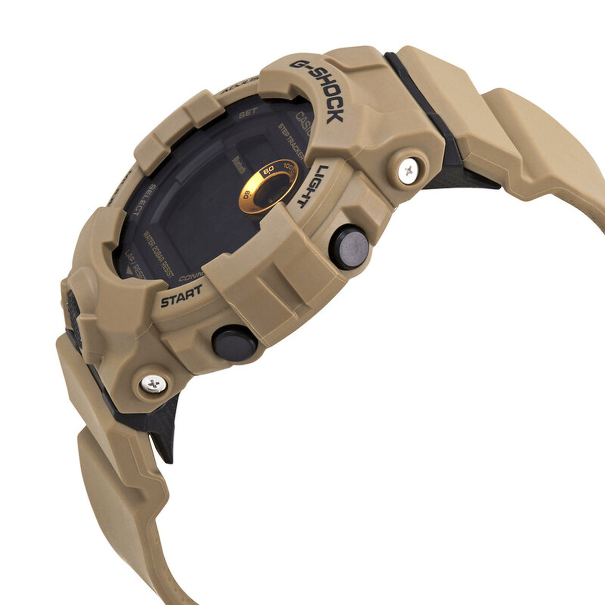 Casio G-Shock G-Squad GBD-800UC-5 digital sport watch angled view showing the rugged tan bezel and dark digital display.