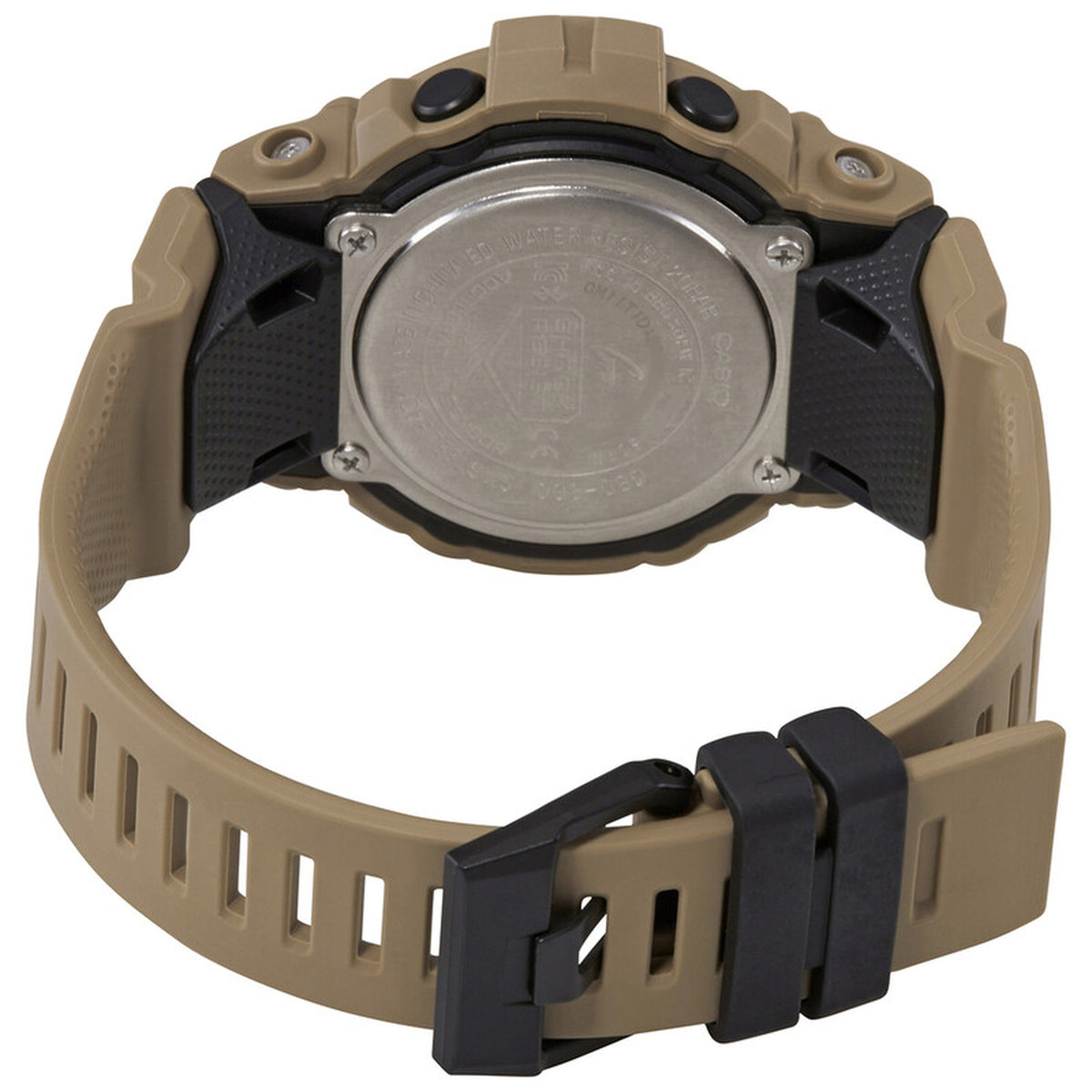 Casio G-Shock G-Squad GBD-800UC-5 digital sport watch caseback and black resin buckle fastener.