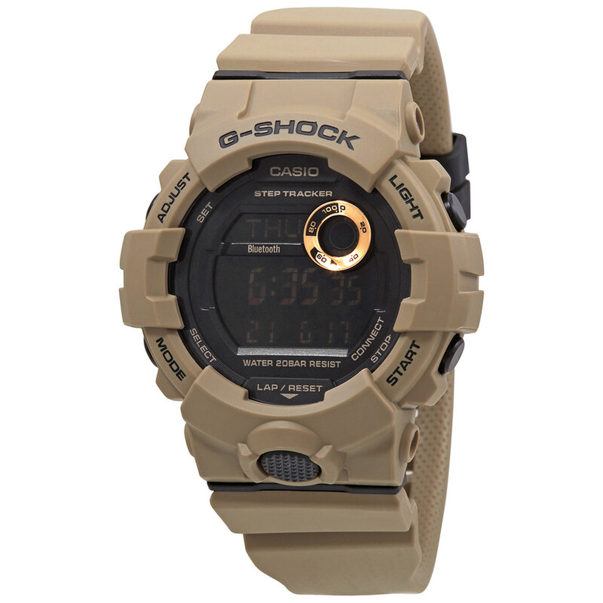 Casio G-Shock G-Squad GBD-800UC-5 digital sport watch front view featuring the tan resin bezel, black digital dial, and gold accent ring.