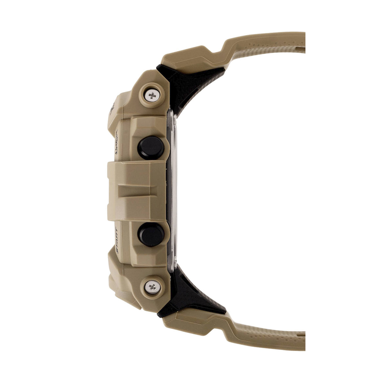 Casio G-Shock G-Squad GBD-800UC-5 digital sport watch profile view highlighting the tan resin case and black push buttons.