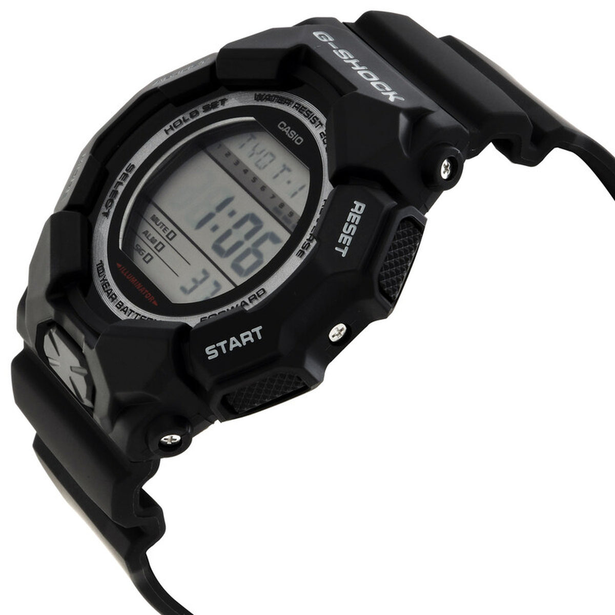 Casio G-Shock GD-010-1DR men's digital sport watch angled to show the textured push buttons, rugged black resin bezel, and digital time display.