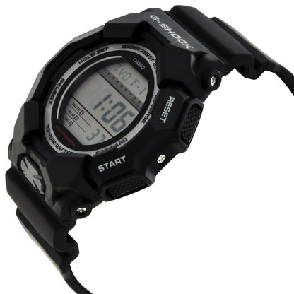 Casio G-Shock GD-010-1DR men's digital sport watch angled to show the textured push buttons, rugged black resin bezel, and digital time display.