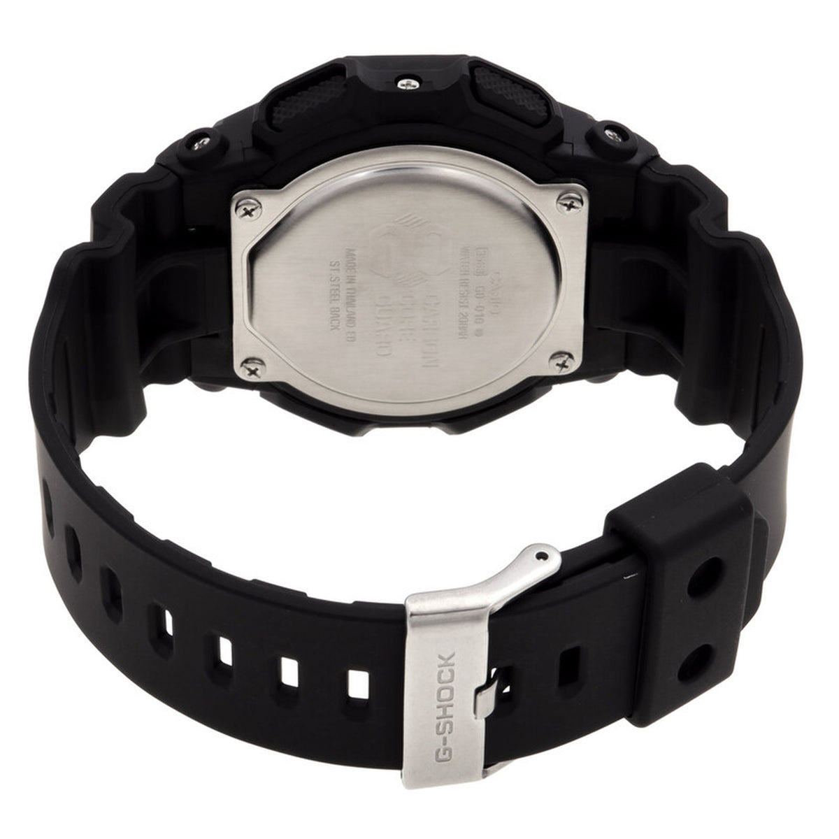 Casio G-Shock GD-010-1DR men's digital sport watch from the back, displaying the metal buckle engraved with the G-Shock brand and the stainless steel case back.