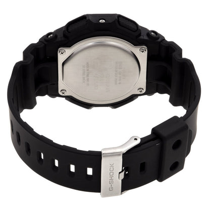 Casio G-Shock GD-010-1DR men's digital sport watch from the back, displaying the metal buckle engraved with the G-Shock brand and the stainless steel case back.