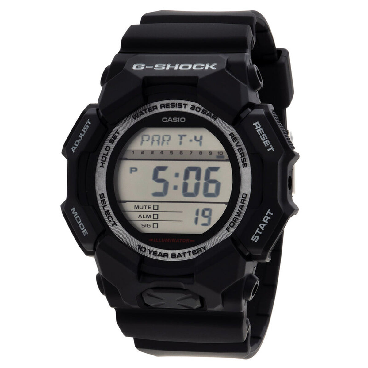 Casio G-Shock GD-010-1DR men's digital sport watch featuring a clear digital screen, black resin bezel with function markings, and 10-year battery text.