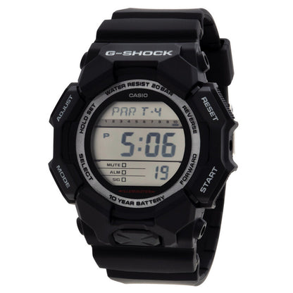 Casio G-Shock GD-010-1DR men's digital sport watch featuring a clear digital screen, black resin bezel with function markings, and 10-year battery text.