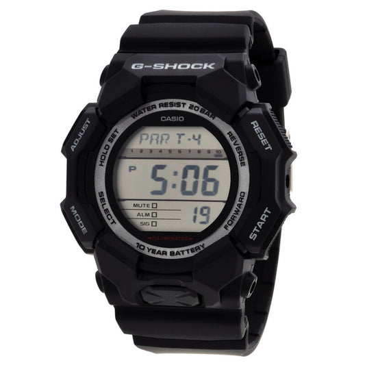 Casio G-Shock GD-010-1DR men's digital sport watch featuring a clear digital screen, black resin bezel with function markings, and 10-year battery text.