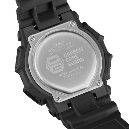 Casio G-Shock GD-010-1DR men's digital sport watch featuring a stainless steel case back with Carbon Core Guard engraving and secure screw fastenings.