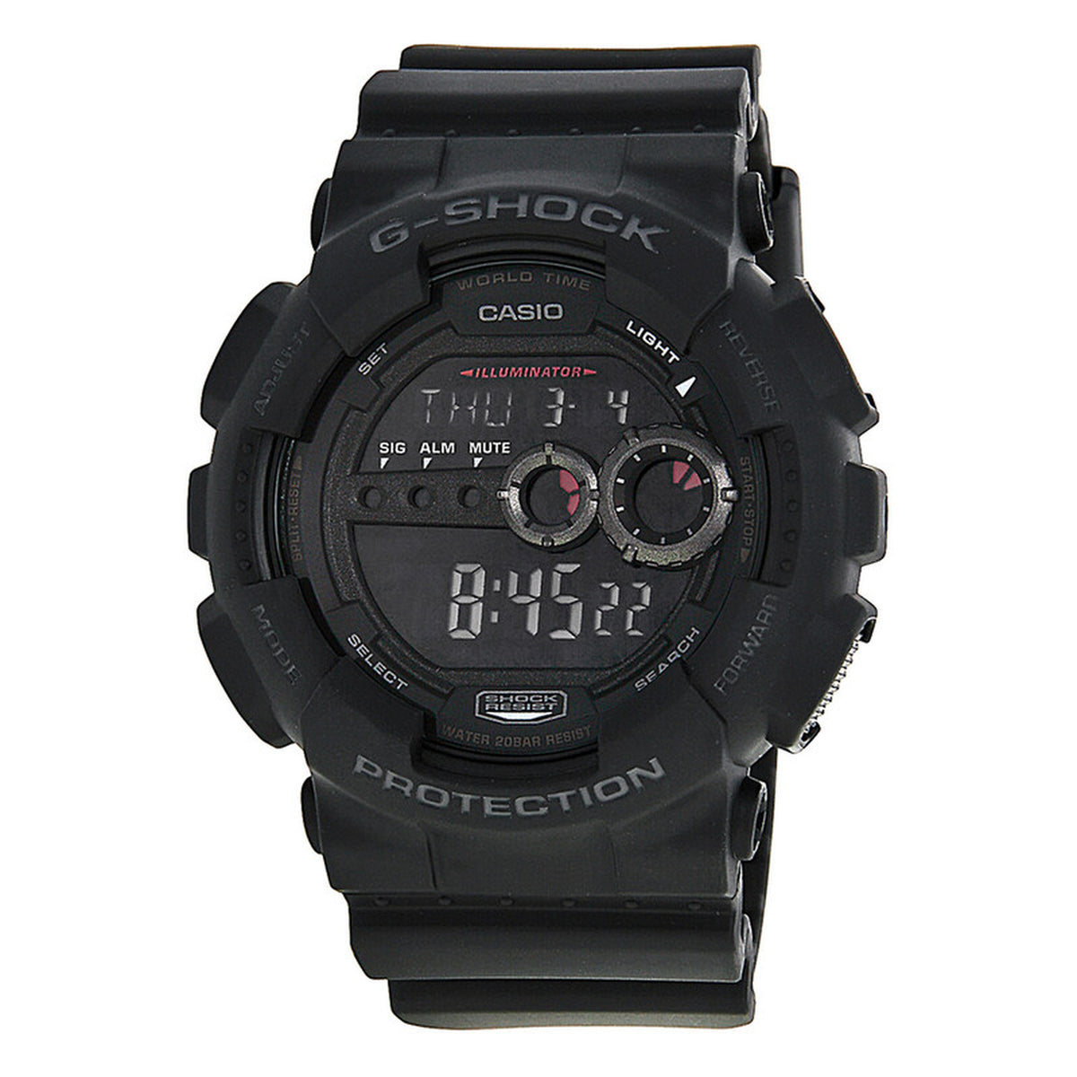 Casio G-Shock GD-100-1B men’s digital watch with a black negative display, black resin case, red accent indicators, and matching black resin strap.