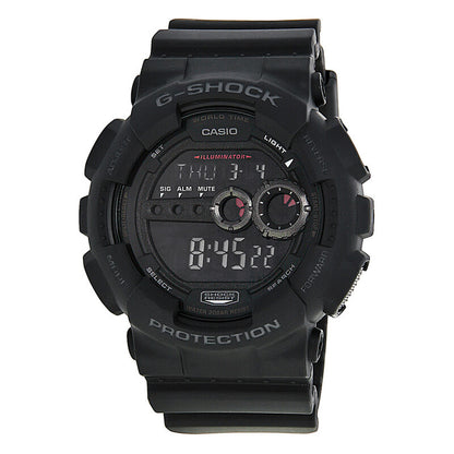 Casio G-Shock GD-100-1B men’s digital watch with a black negative display, black resin case, red accent indicators, and matching black resin strap.