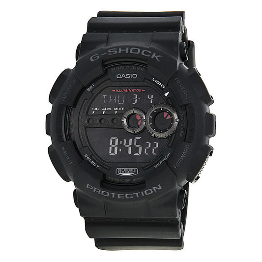 Casio G-Shock GD-100-1B men’s digital watch with a black negative display, black resin case, red accent indicators, and matching black resin strap.