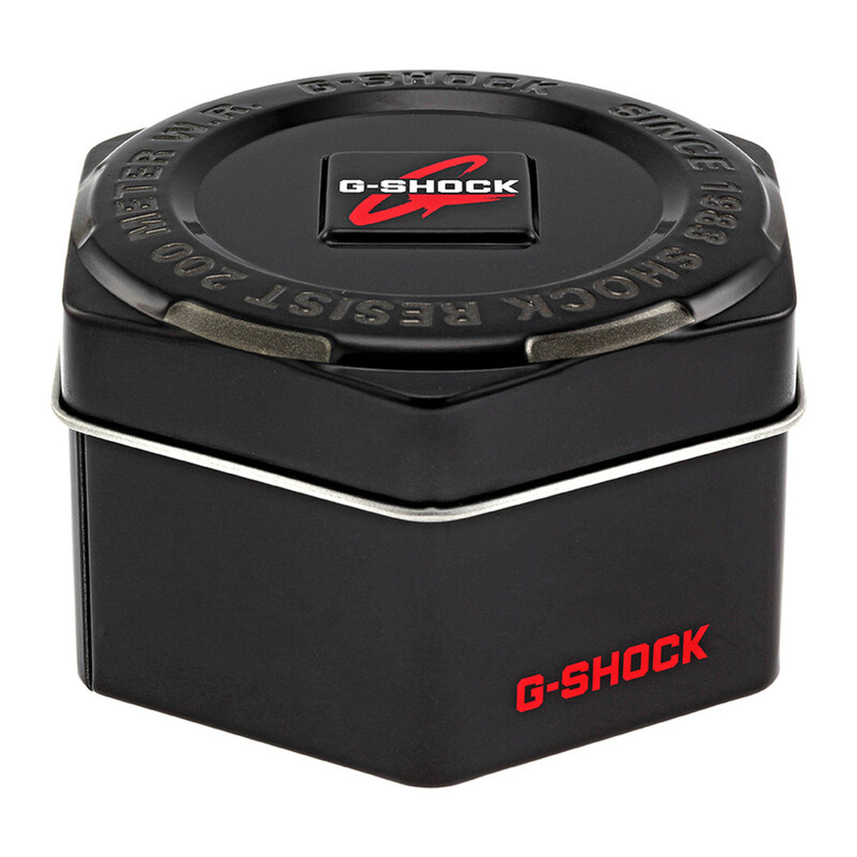 Casio G-Shock GD-100-1B original black presentation tin with embossed shock-resistant detailing and red G-Shock logos.