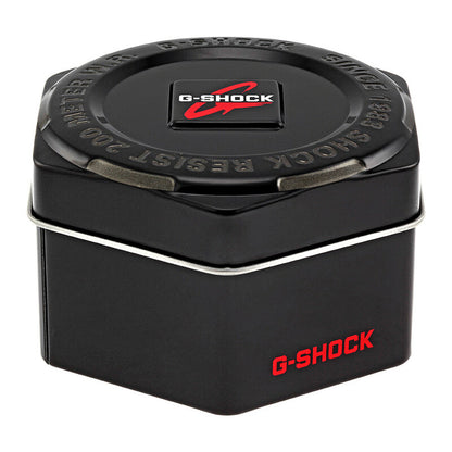 Casio G-Shock GD-100-1B original black presentation tin with embossed shock-resistant detailing and red G-Shock logos.