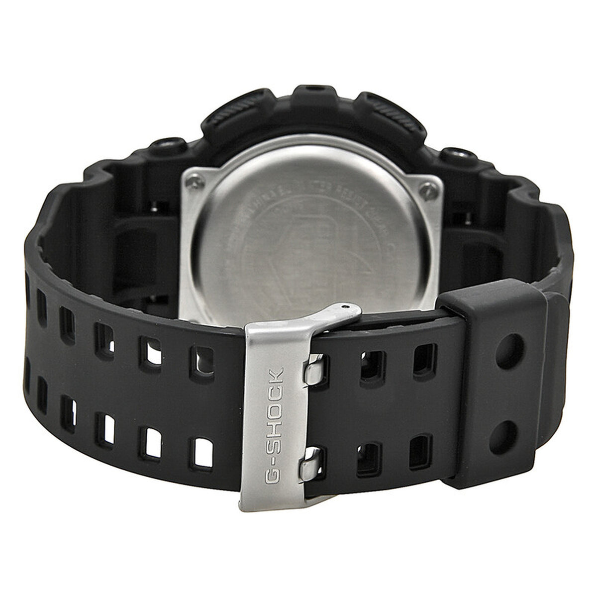 Casio G-Shock GD-100-1B from the rear with a metal caseback, black resin strap, multiple adjustment holes, and silver-tone G-Shock buckle.