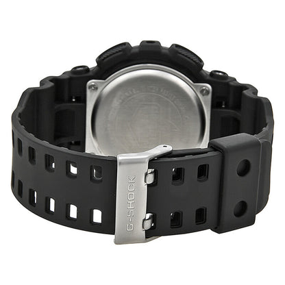 Casio G-Shock GD-100-1B from the rear with a metal caseback, black resin strap, multiple adjustment holes, and silver-tone G-Shock buckle.