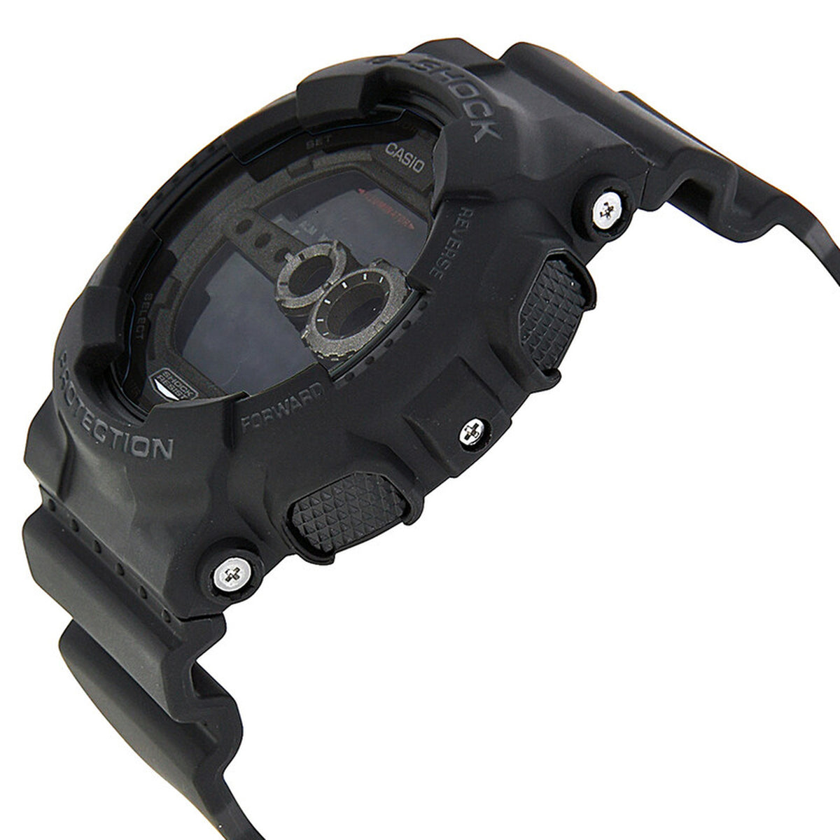 Casio G-Shock GD-100-1B watch in side profile with a rugged black resin case, textured side buttons, exposed screws, and black digital display.