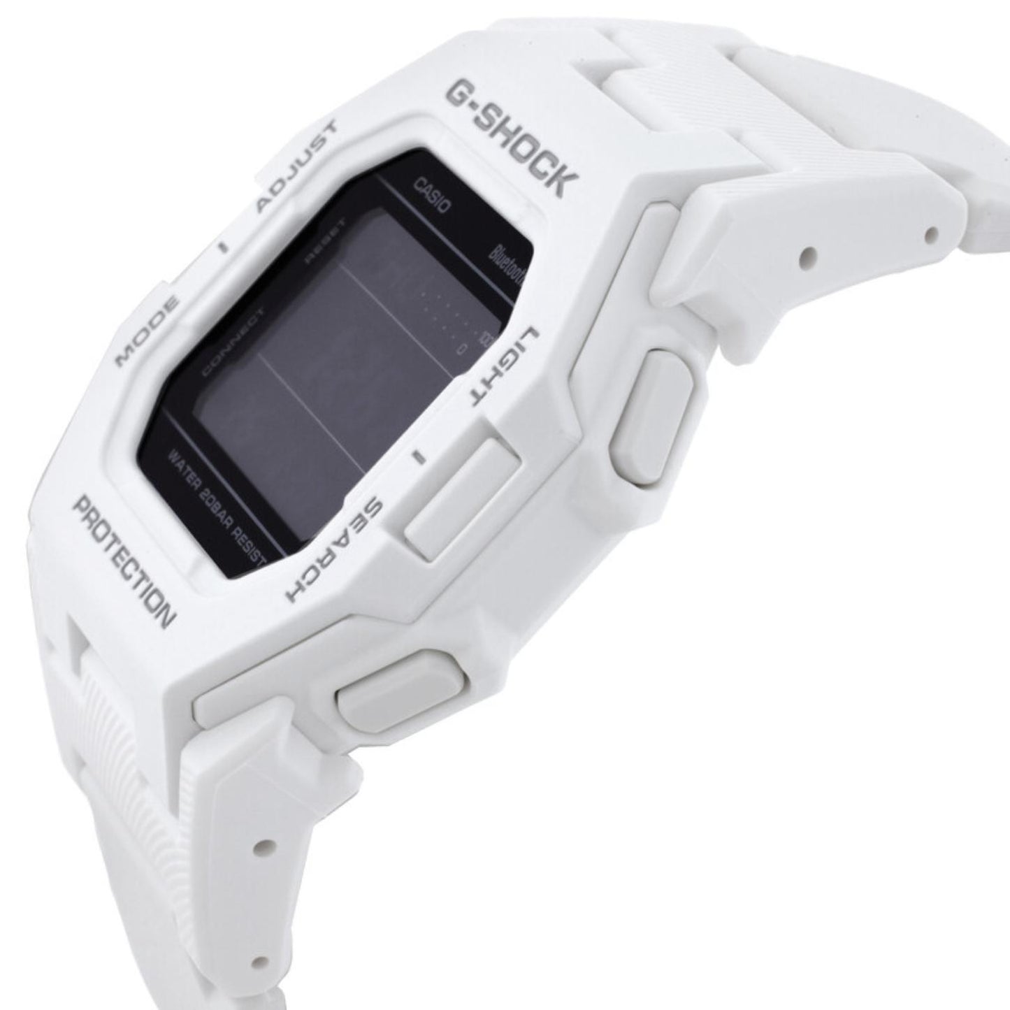Angled view of the Casio G-Shock GD-B500-7 showing the white resin case, black digital display, side control buttons, and shock-resistant construction.